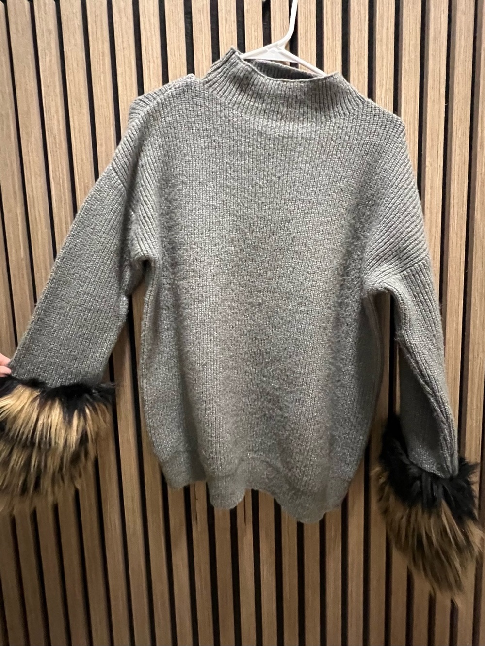 Saks Fifth Avenue Gray Mock Neck Sweater with Faux-Fur Cuffs